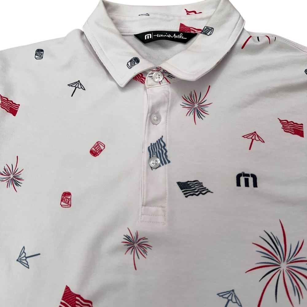 Travis Mathew Polo Shirt Mens S Golf 4th of July Independence Day USA Flag White